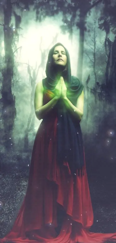 Woman in red dress standing in mystical forest.