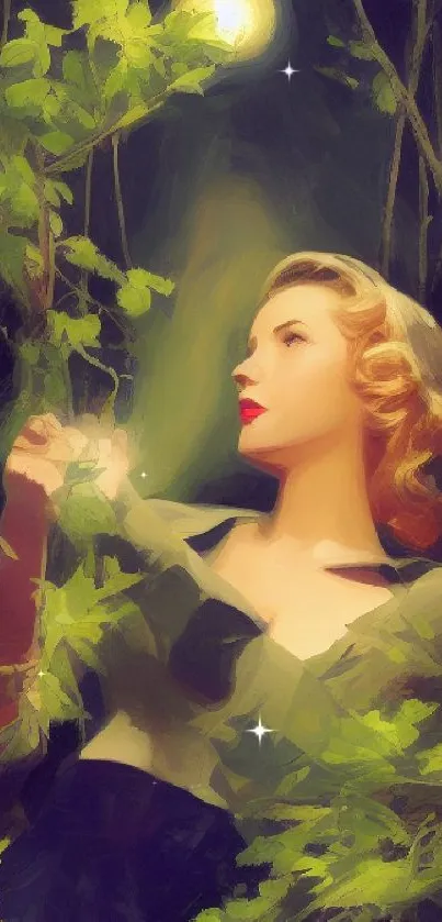 Artistic depiction of a woman in a mystical forest setting with lush greenery.