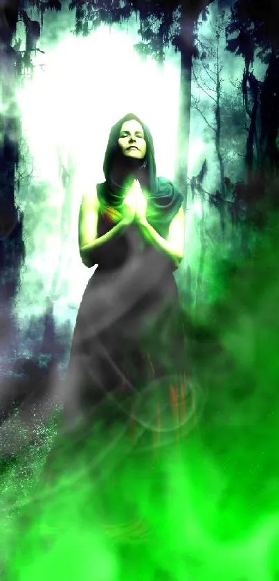 Mystical woman in dark forest with glowing green mist.