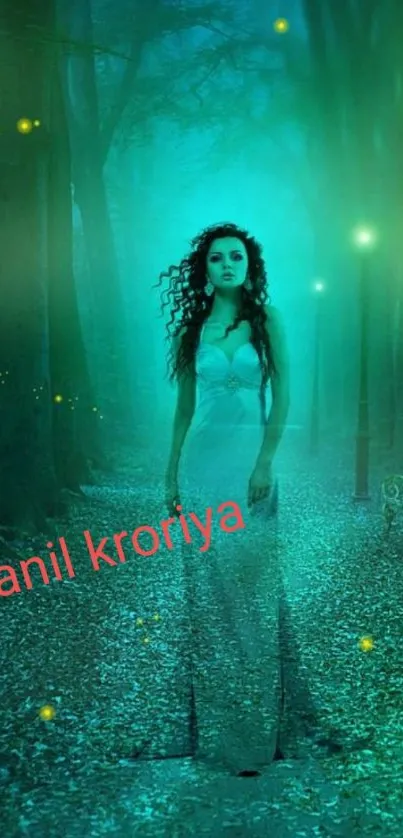 Mystical forest wallpaper with glowing woman in turquoise light.