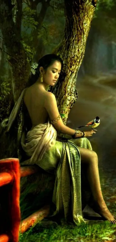 Elegant woman resting in a mystical forest setting.