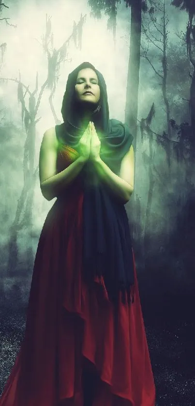 Woman in a mystical forest with a glowing green aura.