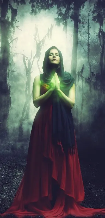 Woman in mystical forest with red dress and glow.