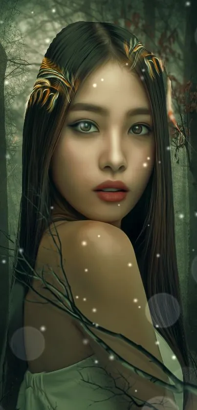 Mystical woman in a forest setting, green tones.
