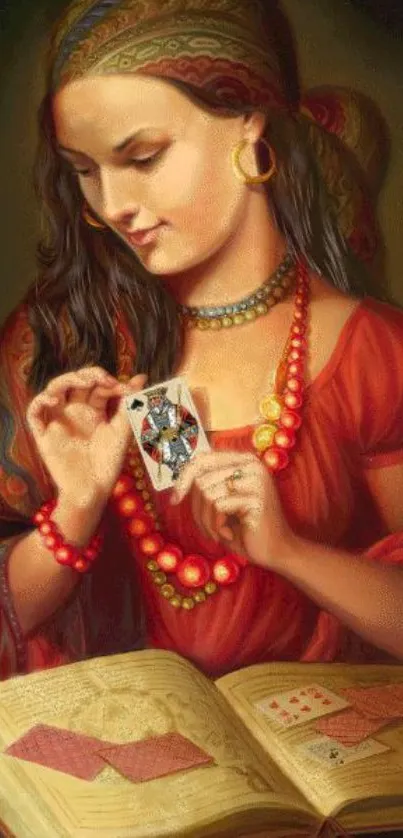 Fortune teller in vibrant red attire holding cards.