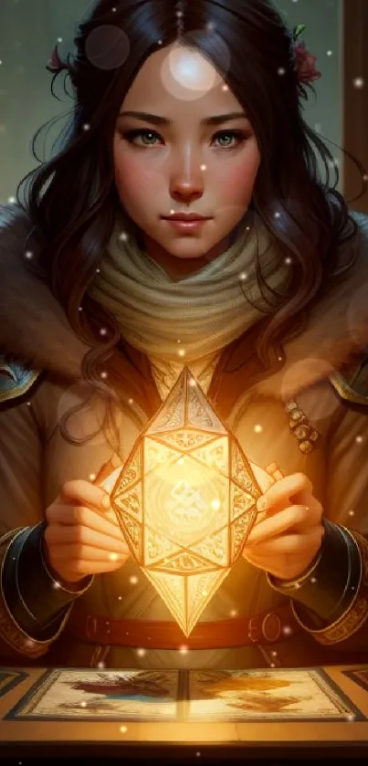 Mystical fortune teller holding glowing object.