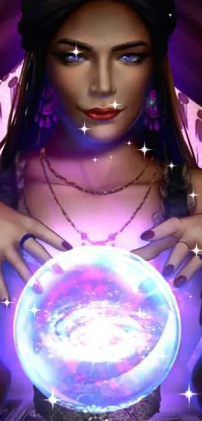 Mystical woman with a glowing crystal ball in vibrant colors.