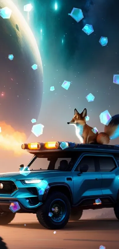 Futuristic car with a fox on top beneath a vibrant planet in a colorful scene.