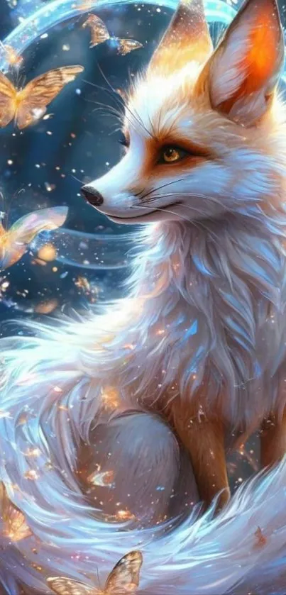 Mystical fox surrounded by glowing butterflies in a magical forest setting.