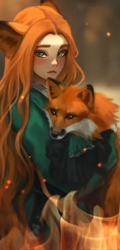 Mystical girl with long orange hair holding a fox in a digital artwork.