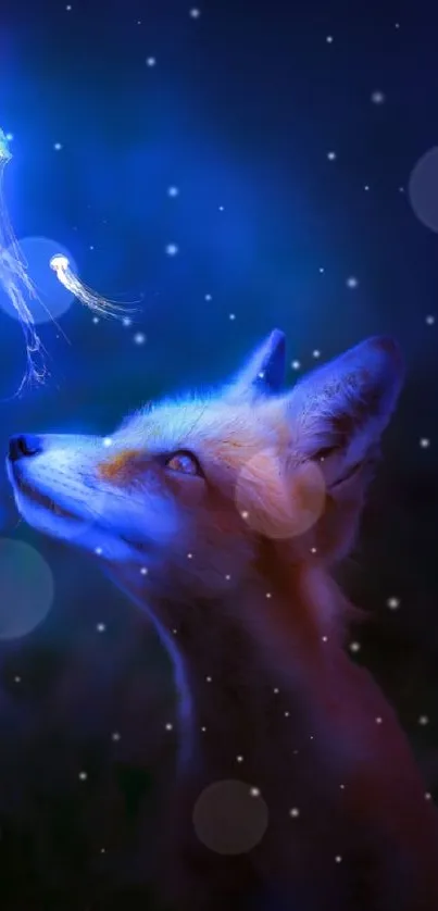 Fox gazes at glowing jellyfish in mystical blue night scene.