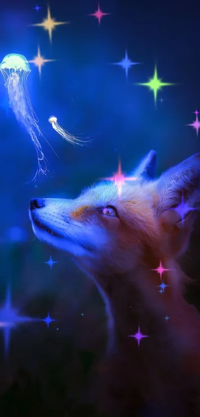 A mystical fox gazes at a glowing jellyfish in a dark forest setting.