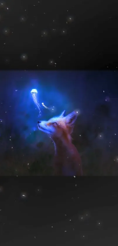 A fox looks at a glowing spirit in a dark, mystical forest setting.