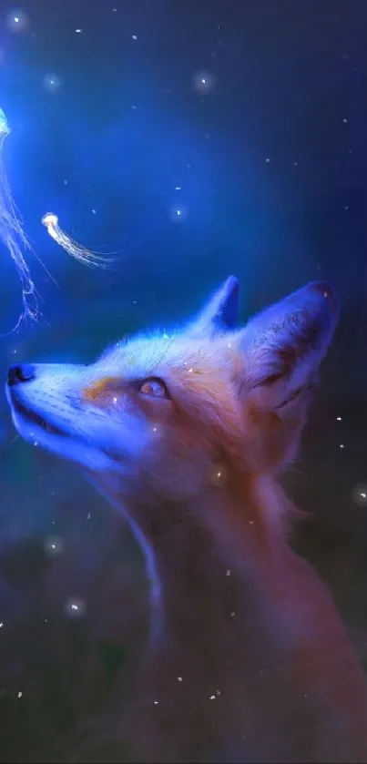 A mystical scene of a fox and glowing jellyfish in deep blue night hues.