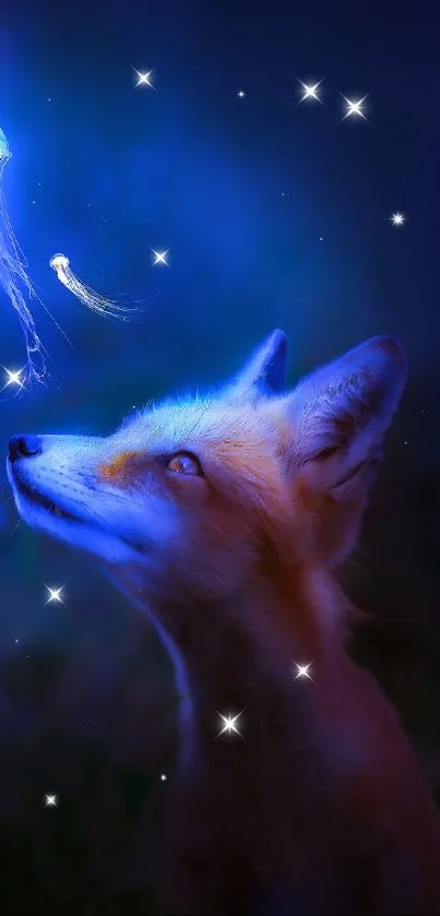 Fox with glowing jellyfish in a mystical night scene wallpaper.