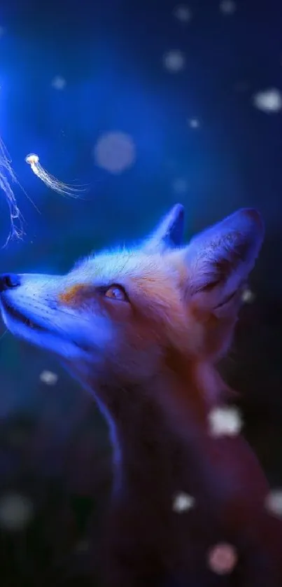 A mystical fox gazes at a glowing jellyfish in a dreamy, midnight setting.