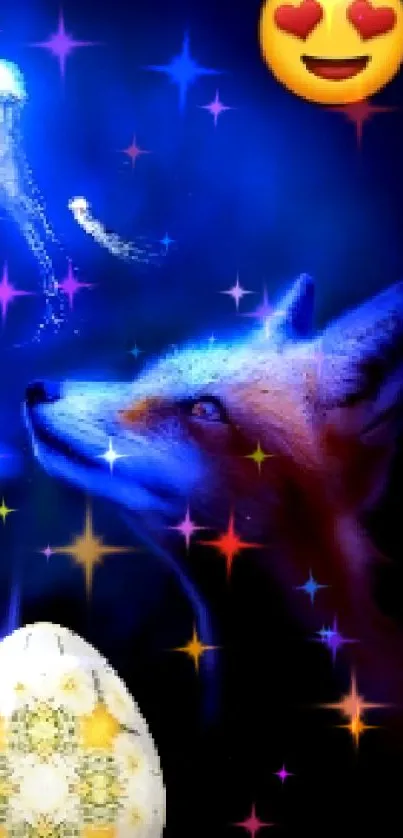 Fox gazing at glowing jellyfish on dark background.