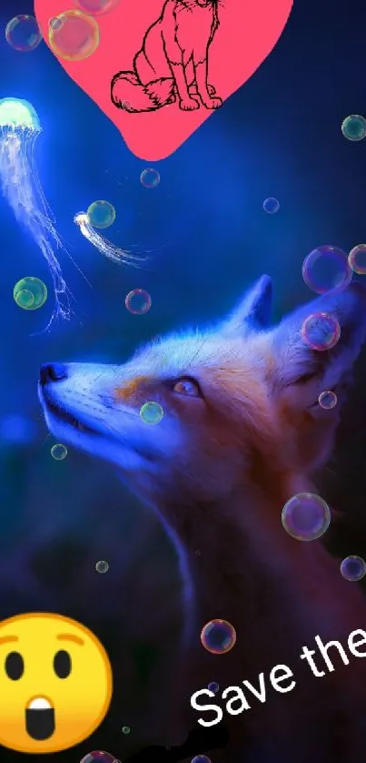 Mystical wallpaper of a fox and jellyfish under a dark blue starry sky.