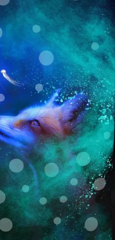 Mystical fox gazing at glowing jellyfish in a nebula.