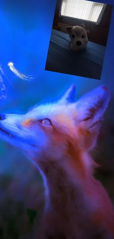 Mystical fox gazing at glowing jellyfish in an ethereal blue scene.