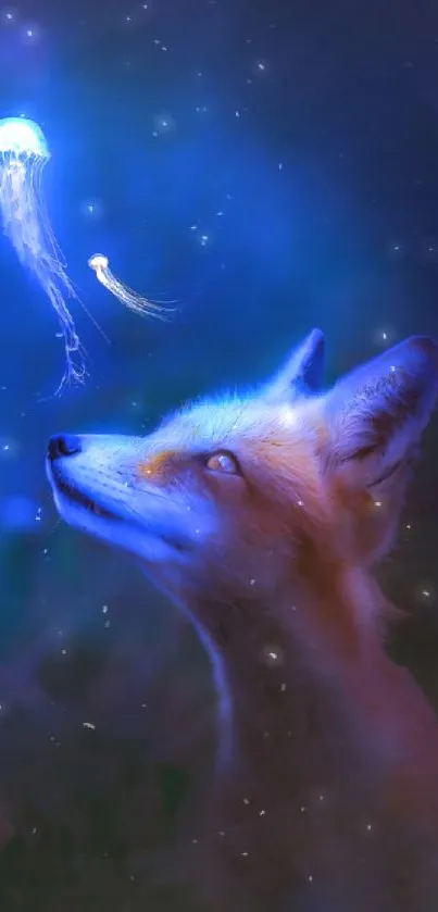 Mystical fox gazes at glowing jellyfish in dark blue forest.