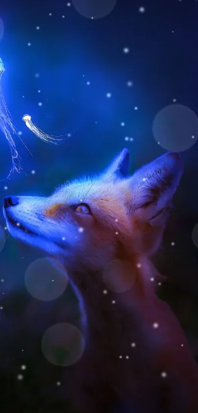 Fox looks at glowing jellyfish in a mystical dark blue setting.