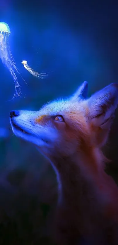 A mystical fox gazing at glowing jellyfish in a dark, magical setting.