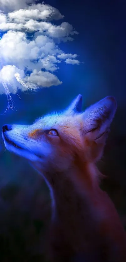 Fox gazing at a glowing jellyfish under a mystical blue night sky.