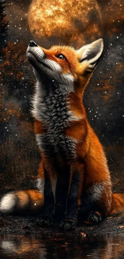 Fox gazing at the moon in a mystical forest setting.