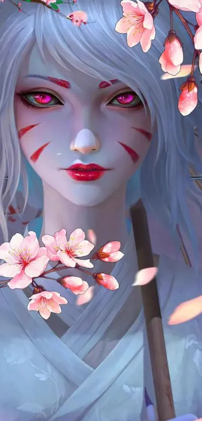 Mystical anime fox girl with parasol and petals.