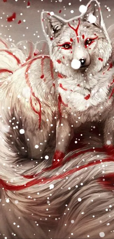 Mystical fox art with red and white tones on a mobile wallpaper.