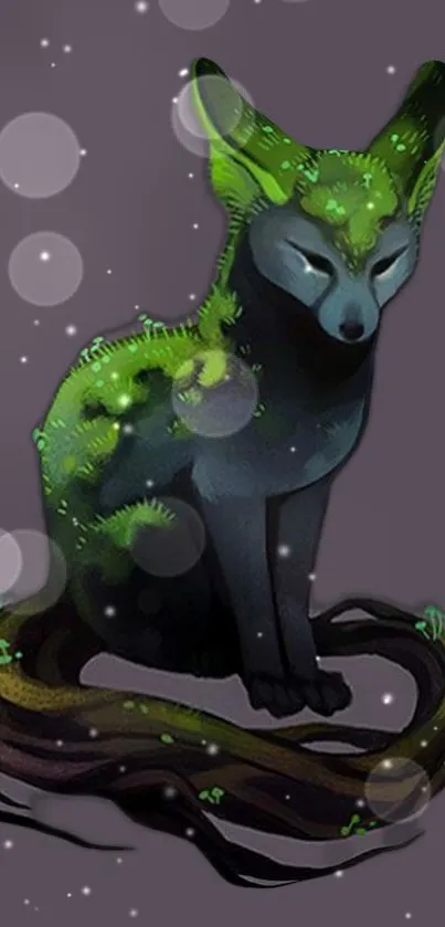 Mystical fox with glowing green fur surrounded by a dreamy aura.