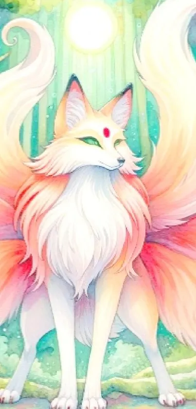 Mystical fox with vibrant tails in a serene forest artwork.