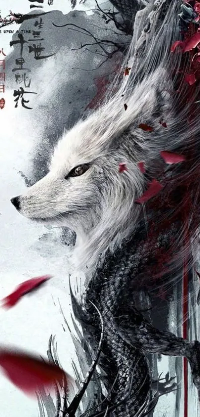 White fox with red petals in mystical art design on phone wallpaper.