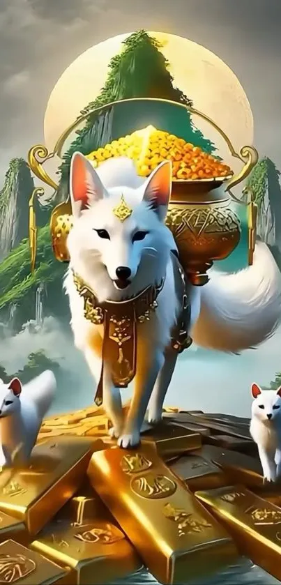 Mystical fox with gold in a fantasy landscape.