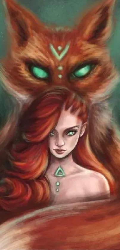 Fantasy art wallpaper with a mystical fox and red-haired woman.