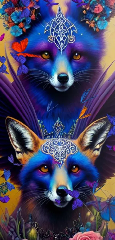 Mystical foxes with vibrant colors and intricate designs in fantasy art wallpaper.