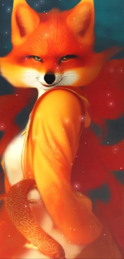 Mystical fox with vibrant orange fur in a fantasy setting.