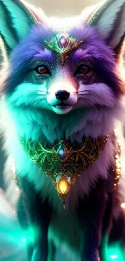 Mystical fox with colorful fur and jewels in a fantasy-themed wallpaper.