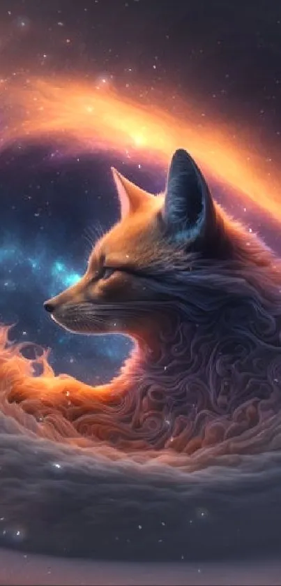 Mystical fox resting in a cosmic galaxy spiral with vibrant colors.