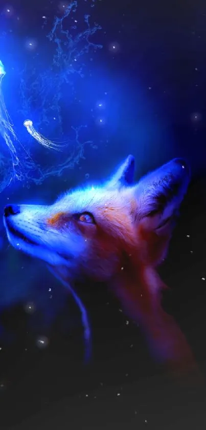Fox gazing at a glowing jellyfish in a mystical blue setting.