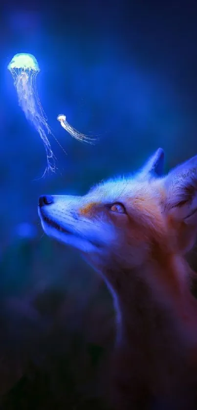 A mystical scene of a fox with glowing jellyfish against a deep blue night sky.