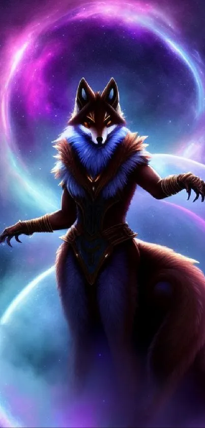 Mystical fox in a vibrant cosmic aura with purple and blue tones.