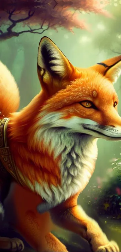 Mystical fox in enchanting green forest wallpaper.