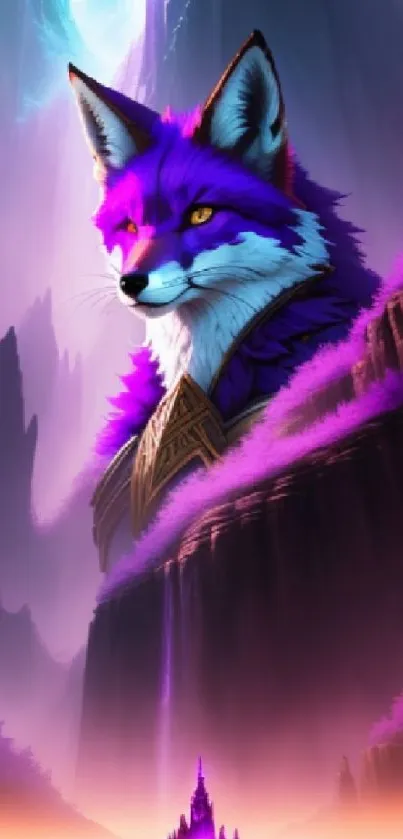 Mystical purple fox in a fantasy valley.