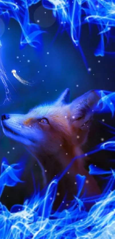 Mystical fox surrounded by neon blue flames, gazing upwards in a fantasy scene.