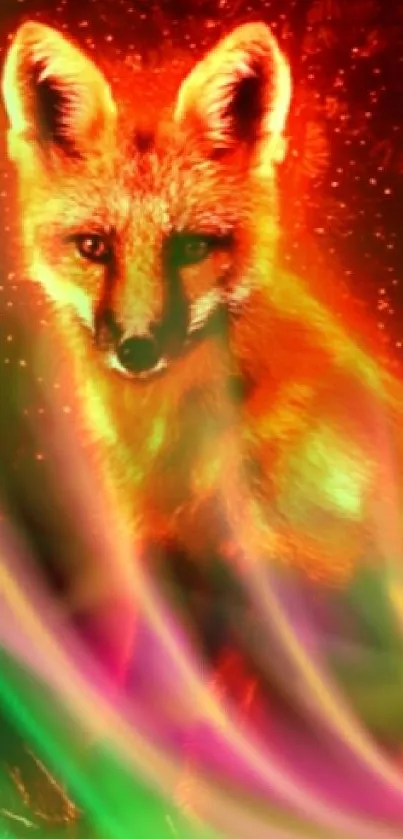 Mystical fox with neon swirls and forest backdrop on mobile wallpaper.