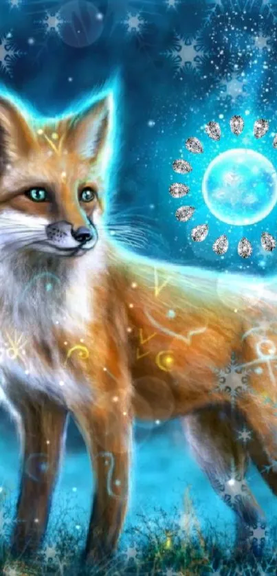 Mystical fox in moonlit night with celestial motifs.