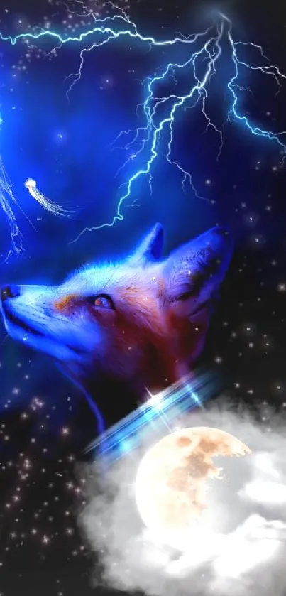 Mystical fox with lightning, moon, and jellyfish in a dark blue night sky.