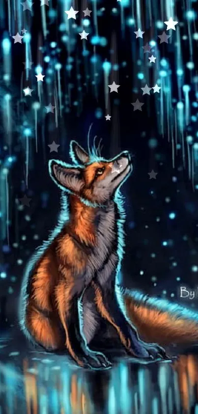 Mystical fox under a starry night sky in a digital art wallpaper.